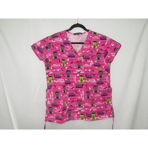 Cassandra O Scrub Top Women’s Small Pink Halloween Cats Frankenstein Dracula - Picture 1 of 5